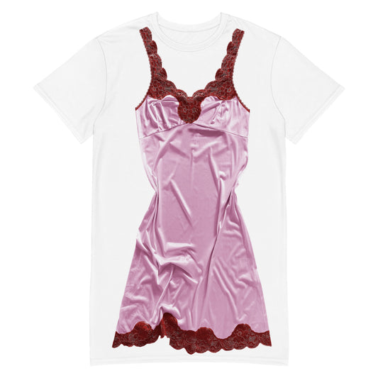 Lacy Slip T-Shirt Dress - Pink